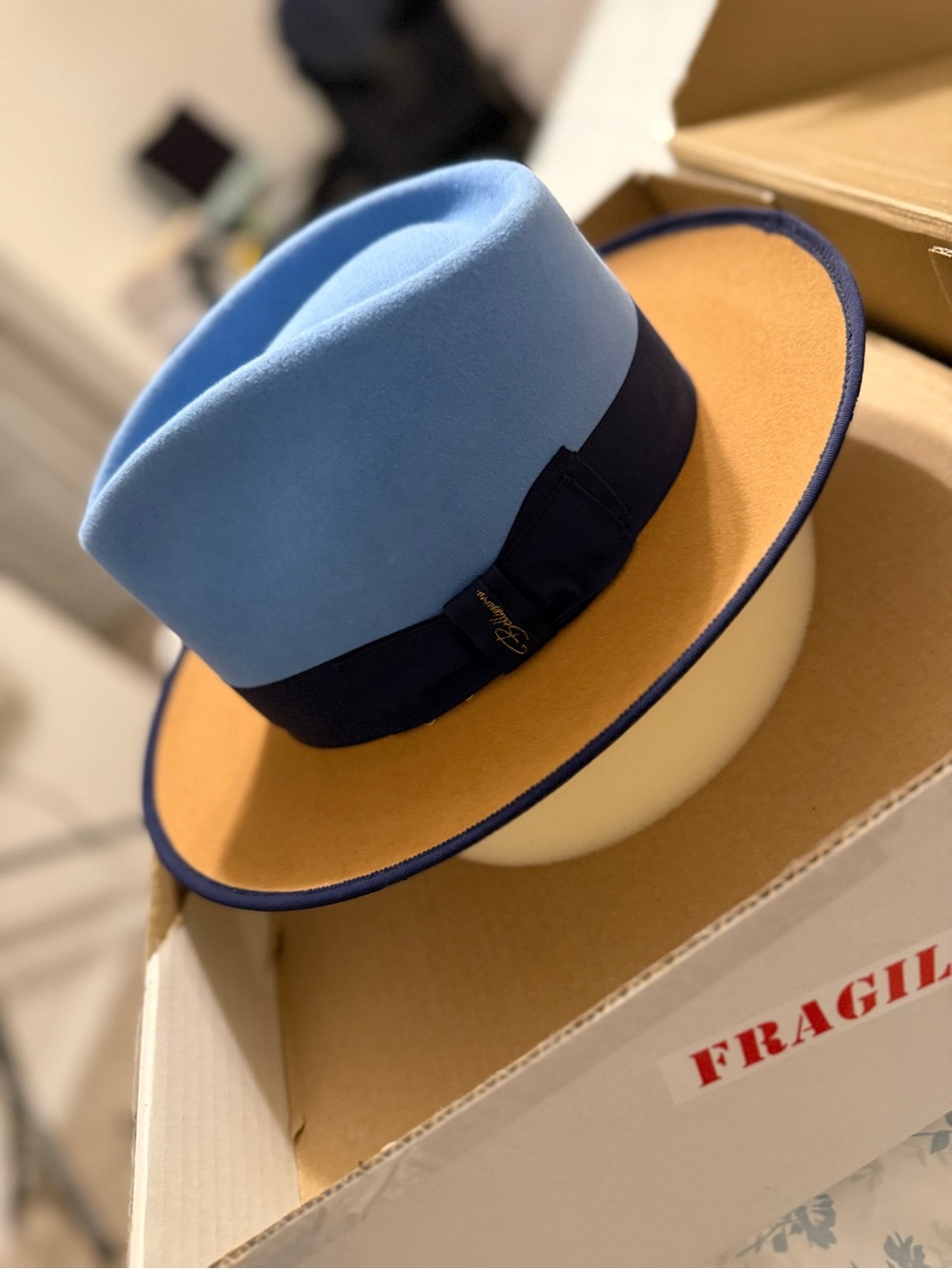 Bellissimo Hat Medium men Two-Tone Light Blue and Tan Felt Fedora with Navy Trim